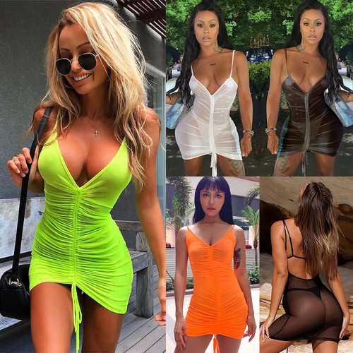Womens Sexy Mesh See Through Summer Beach Bodycon Party Mini Neon Dress  Clubwear | eBay
