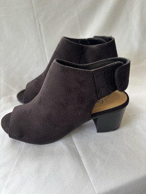 J Adam s  Peep Toe Open Back Hook & Loop Mid Heel Black Ankle Booties Size- 6.5