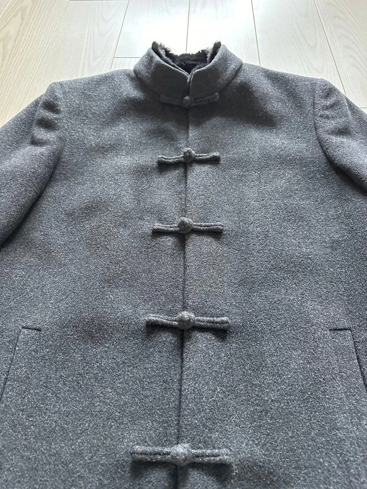 Mandarin Square Wool Long Coat S Dark Gray Angora Shanghai Tang Style - Image 4 of 4