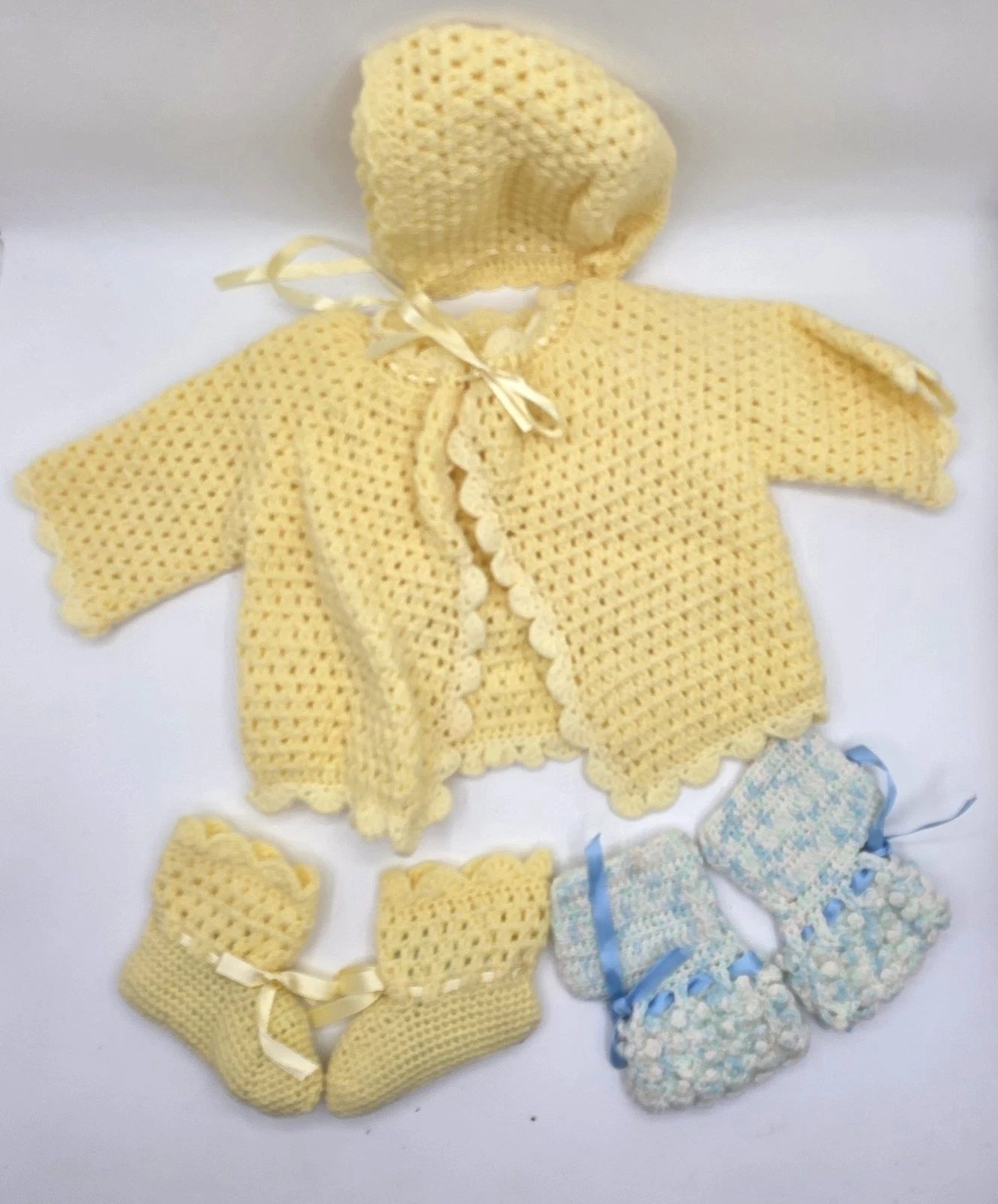 Vtg 80s Handmade Crochet Baby Layette Set 4 Piece Set 6 To 12 Months