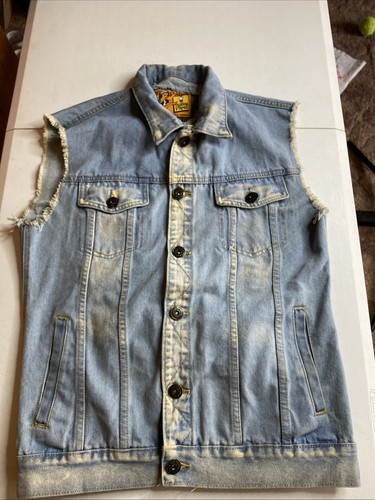 Chaleco de mezclilla azul sin mangas con bolsillo rasgado desgastado de papel de liar chaqueta pequeña - Imagen 1 de 15