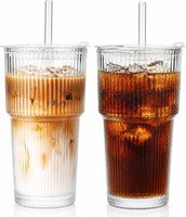 Glasbecher 600Ml Gerippte Mit Deckel Und Strohhalm Eiskaffee Longdrink Set 2
