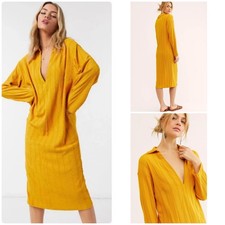 Free People Beach Palma Ribbed Collared Midi Dress Size M In Marigold Yellow