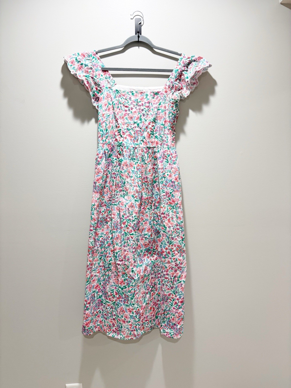 J. Crew Ruffle Sleeve Midi Dress Floral Cotton A line Cottagecore Spring Size 4