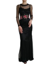 Dolce & Gabbana Black Floral Embroidery Mesh Tulle Gown Women's Dress Authentic
