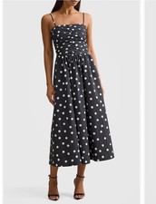 Ever New Black White Polka Dot Ruched Midi Dress Sleeveless USA 12