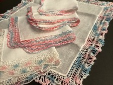 Fancy Lot - 5 Pink  Blue White Linen Handkerchiefs 50s Hand Crochet Lace