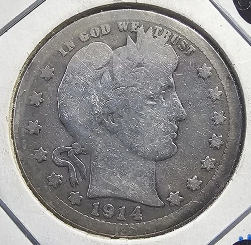 1914 S Barber Silver Quarter - Key Date !!  Only 264k Minted! GOOD/VERY GOOD