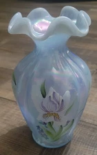 Vtg Fenton Misty Blue Iridescent Opalescent 7" Raised Rib Iris Vase Hand Painted