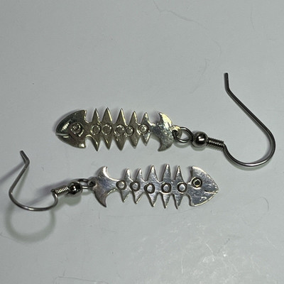 925 Sterling Silver Fishbone Skeleton Dangle/Drop Hook Earrings, Signed