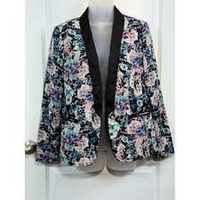 Lauren Conrad Womens Floral Open Front Blazer Shawl Collar Blue Purple 10 Party