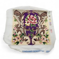 Candamar Vintage Finished Needlepoint Purple Royal Pink Roses on Canvas 7"x7"