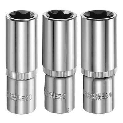 3pcs E-Torx Socket 1/2'' Drive E20-E24 Star 3.1'' Length 6 Point Spline Socket