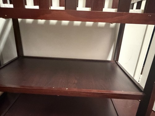 Brown Wooden Baby Changing Table with Pad and Storage Shelves for Nursery Room