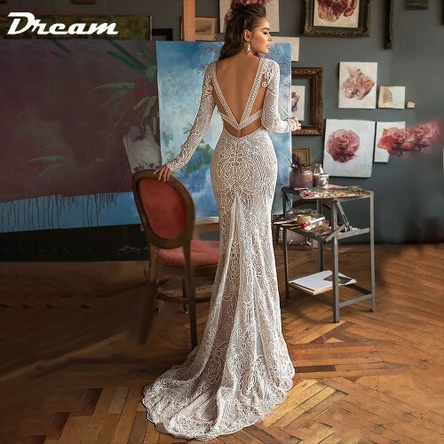 Abito da sposa a sirena pizzo scollo a V profondo senza schiena maniche lunghe spazzata treno boho - Foto 2 di 17