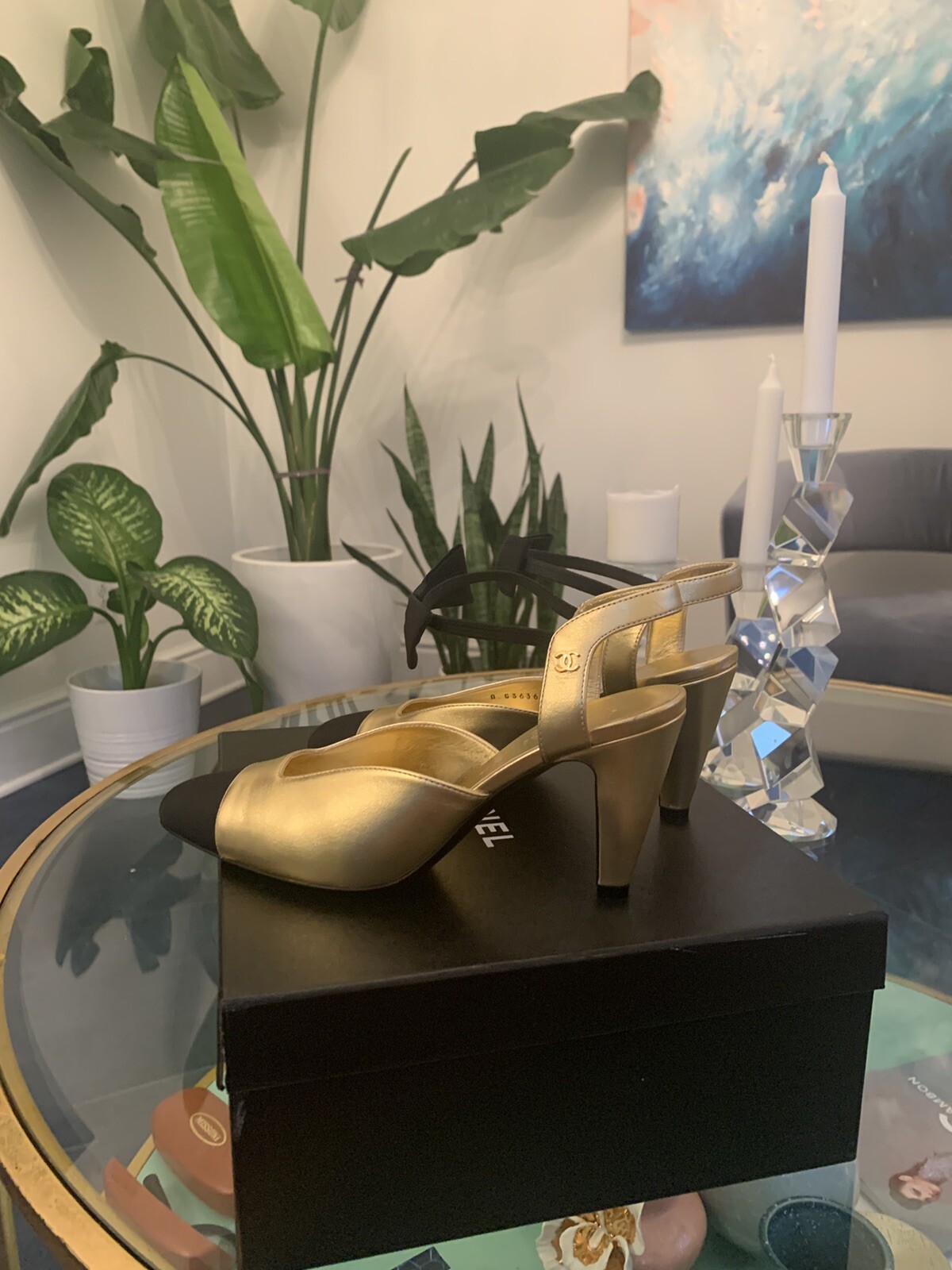 20A CHANEL LOGO Open Pumps Heels with Bow Black/Gold Size 38 New thumbnail 6