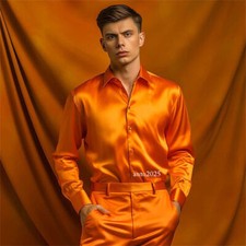 Mens Shiny Satin Dress Shirts Long Sleeve Button Down Silk Blend Shirt Nightclub
