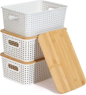 Plastic Storage Bins with Bamboo Lid Pantry Organization and Storage Baskets Con