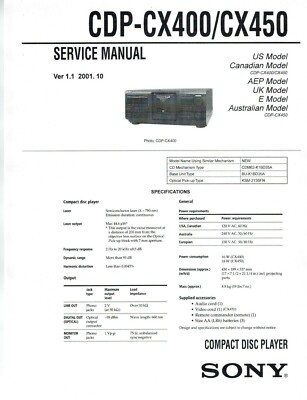 SONY CDP-CX400 CD/DVD Service & Operating Manuals  (On CD ) 