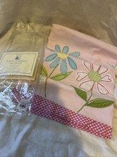 POTTERY BARN KIDS Pink Daisy Garden Flower Embroidered Valance Gingham Trim