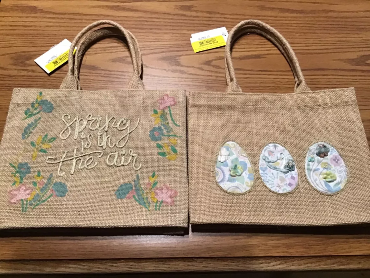 One Set of Two Embroidered Jute Tote Bags 1-Egg Embroidered & 1-Flora  Embroidery