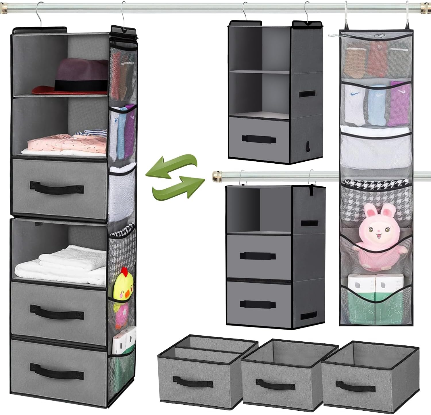 6-Shelf Foldable Hanging Closet Organizer with Drawers for Storage