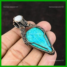 Copper Arizona Turquoise Gemstone Rainbow Moonstone Wire Wrapped Pendant Jewelry