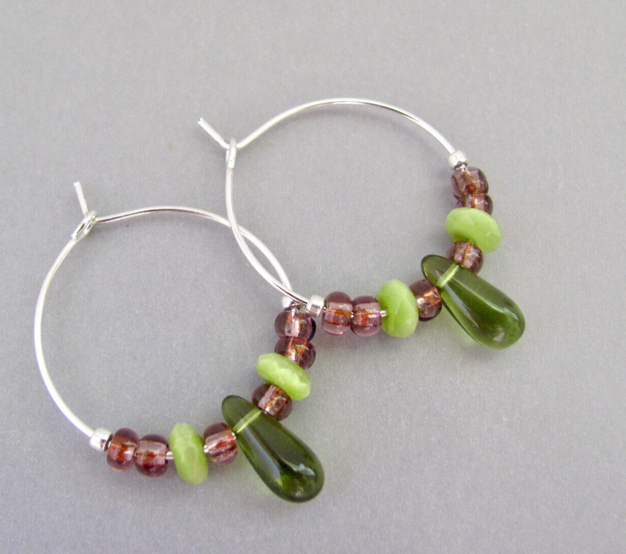 Hoop Earrings Boho Beaded Green Purple Silver Plate Hawaii Beads-image