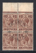 M15278 Malta 1922 SG97 - 1/4d brown in a top marginal block of 4.