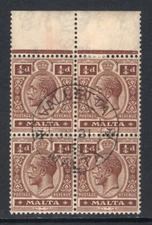 M15278 Malta 1922 SG97 - 1/4d brown in a top marginal block of 4.