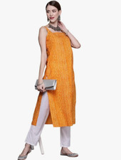 Women's Printed Crepe Straight Sleeveless Kurta Medium Yellow Indian Ethnic Wear