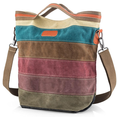 Damen Umhängetasche Canvas Multi-Color-Striped Groß Schultasche Hobo Bag