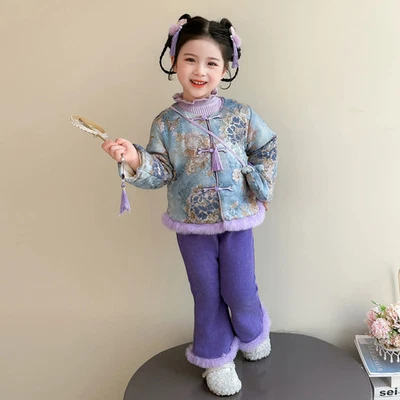 2x Mädchen Chinesisches Neujahr Hanfu Set Kinder Fleecefutter Salingstutzen Suit - Bild 1 von 4