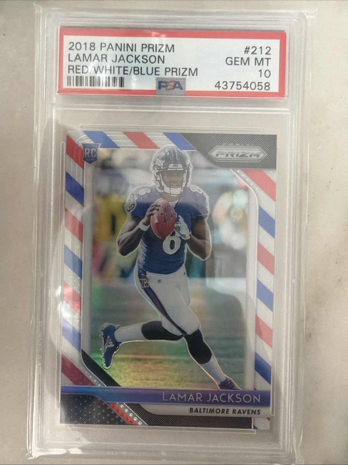 2018 Panini Prizm Rookie Lamar Jackson #212 (RC) Red White & Blue Prizm PSA 10