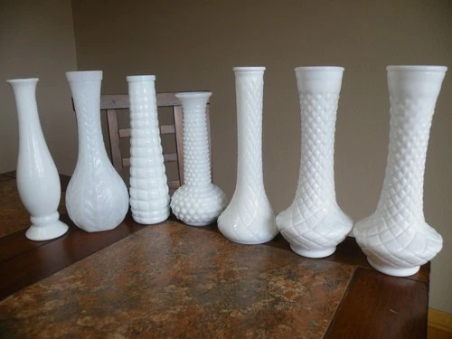 LOT of 7 Vtg Milk Glass Bud Vases Various Patterns Hobnail Quilted Etc FREE SHIP
