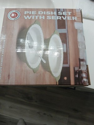 pie dish set with server chef's counter.