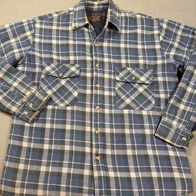 Vintage Shirt Jacket Men LRG BLUE Plaid Flannel Shacket Quilted Lined TRADITIONS