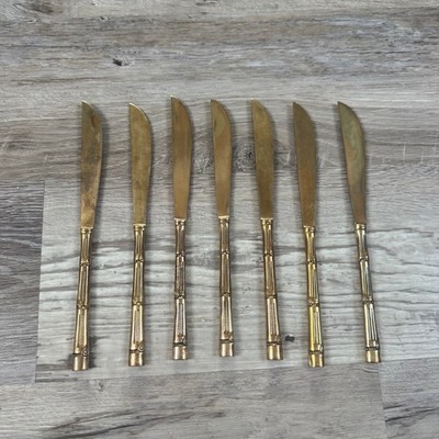 Vintage Gold Bamboo Handle Steak Knives Set 7 Flatware Retro Dining