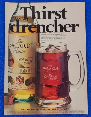 1977 BACARDI RUM & COKE ORIGINAL PRINT AD "THIRST DRENCHER" COCA-COLA / LIQUOR