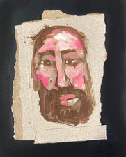 Original Portrait Painting Abstract Man Beard Naive Primitive Painterly Wall Art