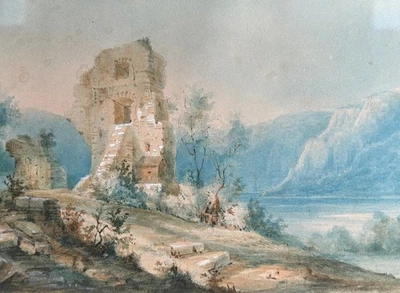 Feines Aquarell * Ruine in Landschaft* Rahmen wohl England  Ende 18. /19. Jh. - Bild 1 von 4