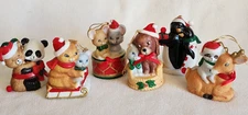 6 JSNY J. S. N. Y. Christmas Ornament Ceramic Bells Cat Dog Bear  Mouse Penguin 
