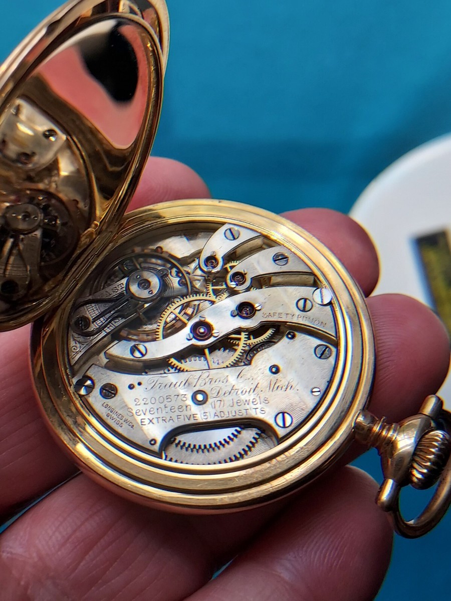 1908 Antique Traub Bros & Co 14 KT Gold Pocket Watch. Longines