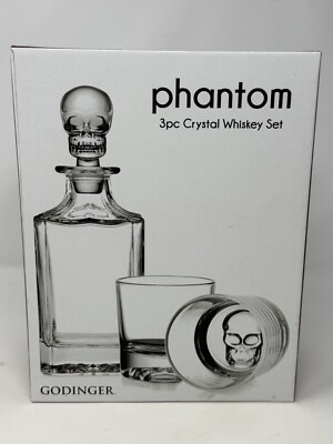 Godinger Phantom Skulll 3pc Crystal Whiskey Set barware decanter gothic 2 glass
