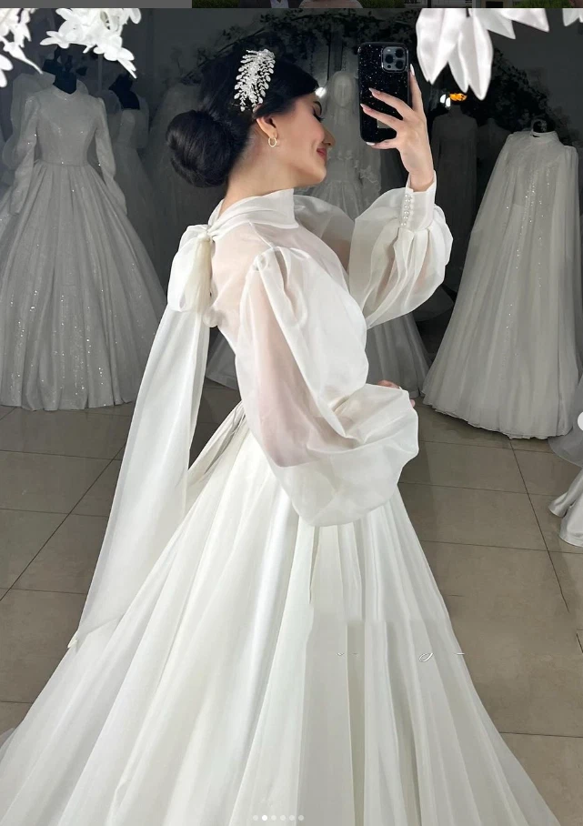 Vestidos de novia de organza mangas largas hinchadas cuello alto barrido tren vestidos de novia Foto 3 de 4