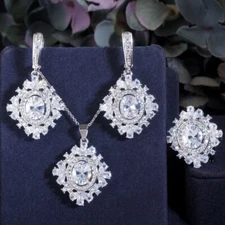 Women Geometric Pendant Necklace Earrings Ring Silver Plated Zircon Jewelry Set