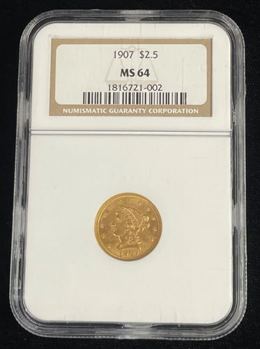 1907 US Mint $2.5 Liberty Head Gold Quarter Eagle NGC MS-64, High Grade