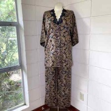 Vintage 90s Black Brown Paisley Pajama Set Matte Satin Top Pants Vassarette M