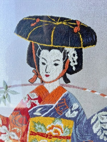 Vintage Framed W Glass Japanese Woman Embroidery Kimono Statement 24.5”x 18.5”