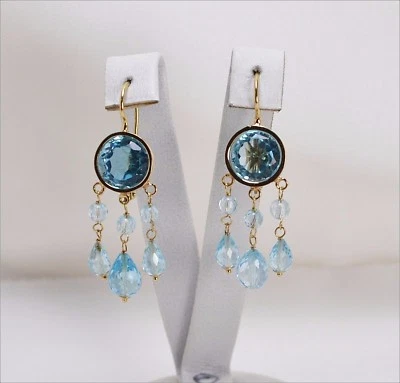 Boucles D'Oreilles En Or Jaune 18 KT Avec Des Gouttes De Topaze Azur OGHT 0678 - Photo 1/3